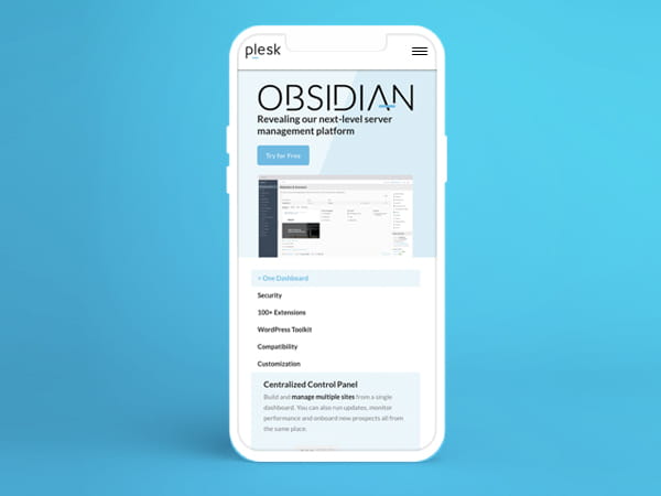 Plesk Obsidian website mobile