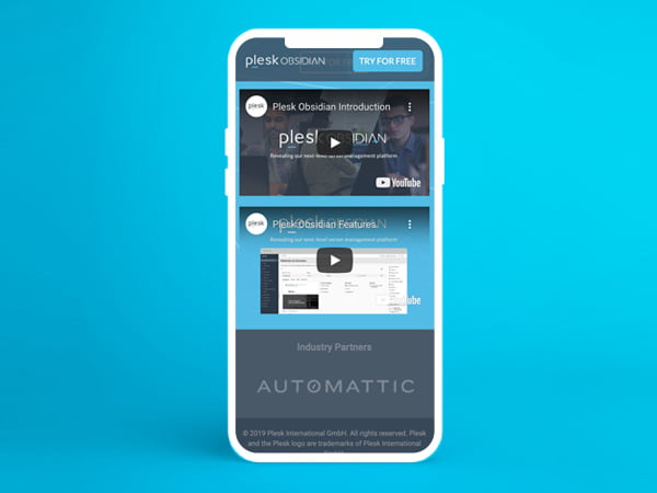 Plesk Obsidian website mobile